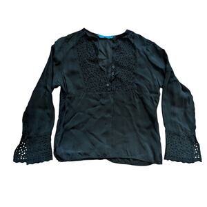 JOHNNY WAS Black Peasant Boho Gypsy Festival Silky Sheer Lace Top Sz S